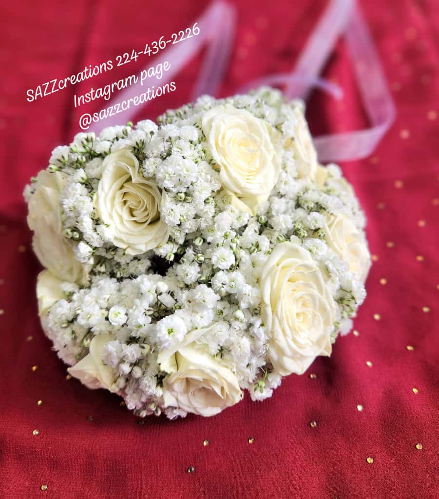 White rose and baby's breath bridal floral arrangement by SAZZcreations